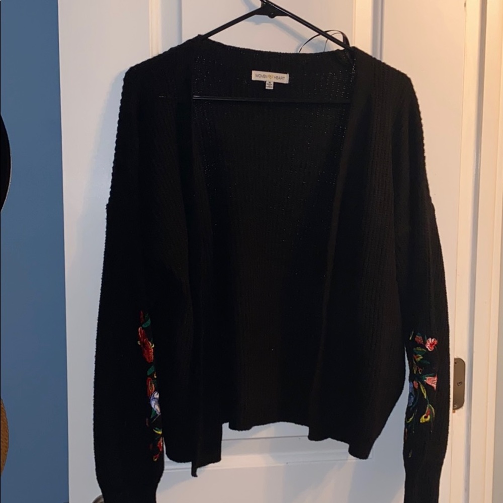 Embroidered sleeve, black cardigan